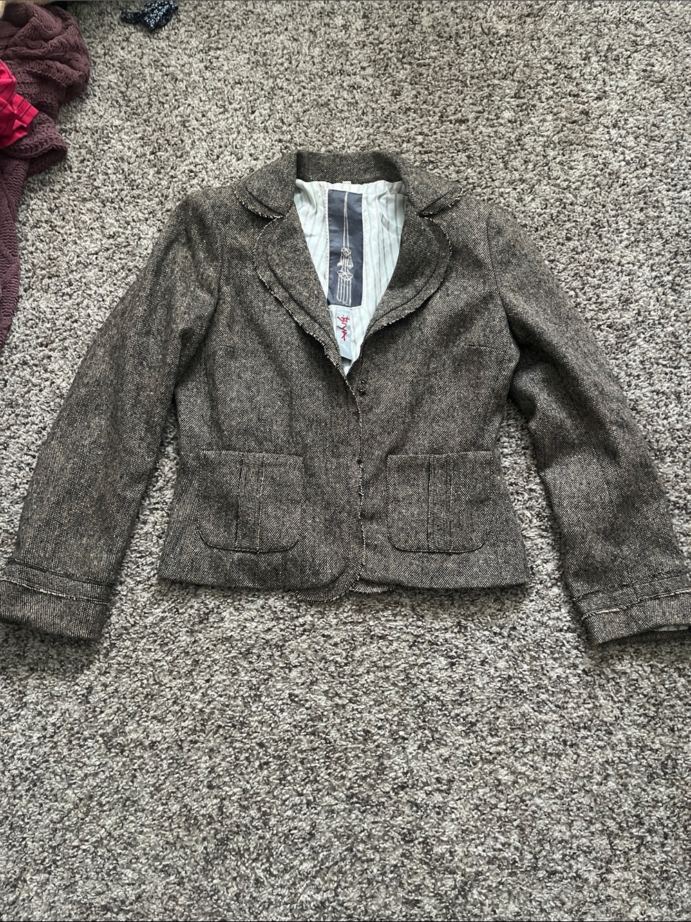 Biya Cropped Brown Tweed Notch-Lapel Blazer